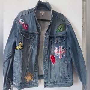 Trendy Blue Denim Jacket with Colorful Patches